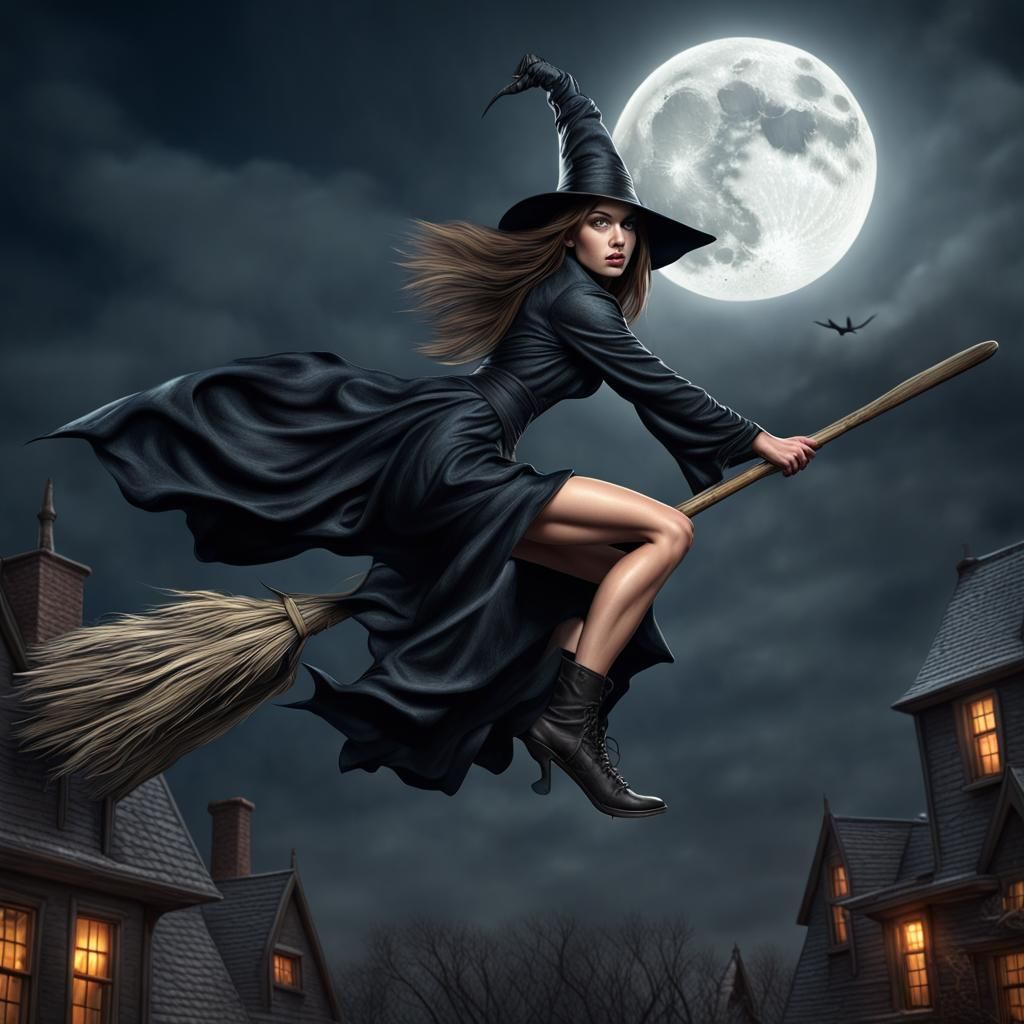 Brunette Witch Rides Broomstick in Hyperrealistic Style