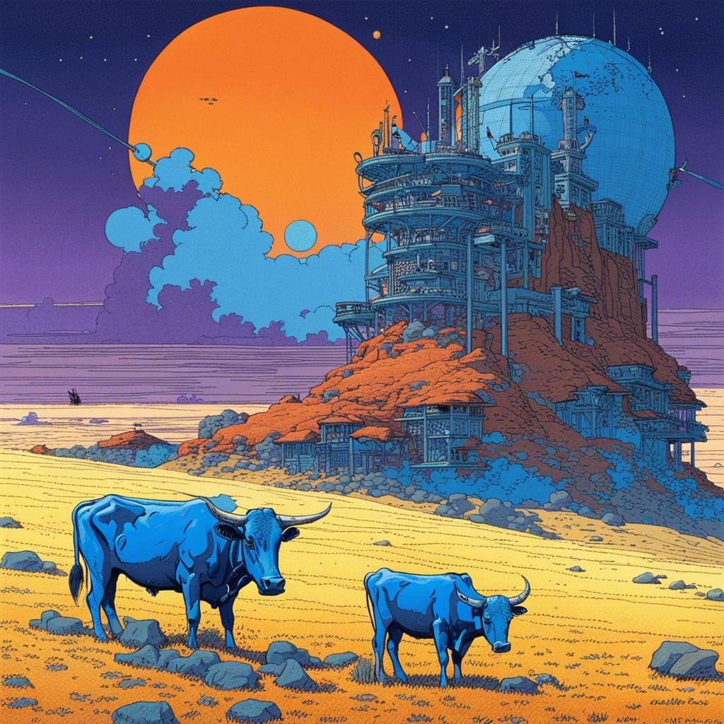 Blue Cattle at Starport, Ligne Claire Style