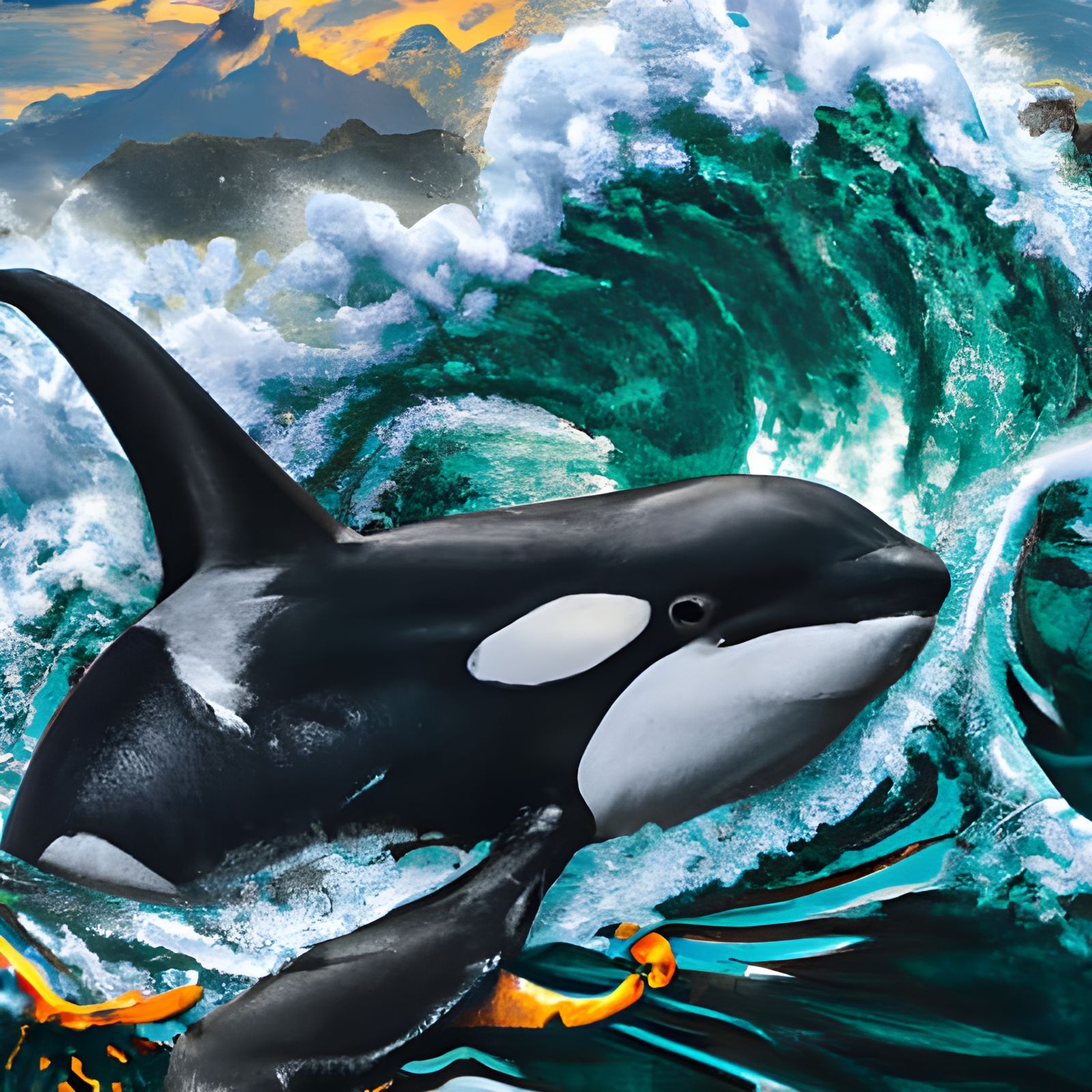 Orca Rides a Tidal Wave: Detailed Ink Drawing