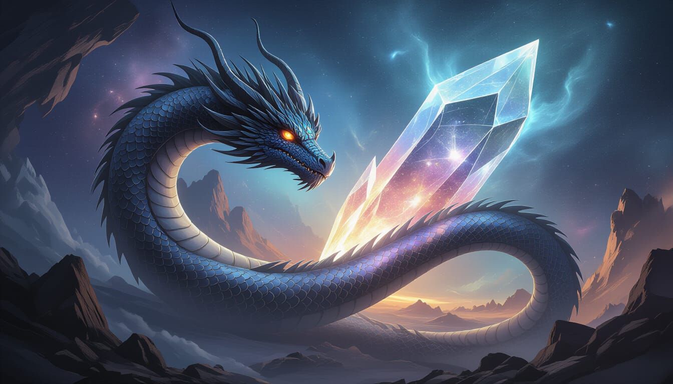 Celestial Dragon Coils Around Cosmic Crystal