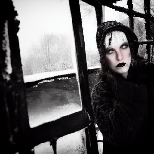 Goth Model in Abandoned House, Film Grain Style