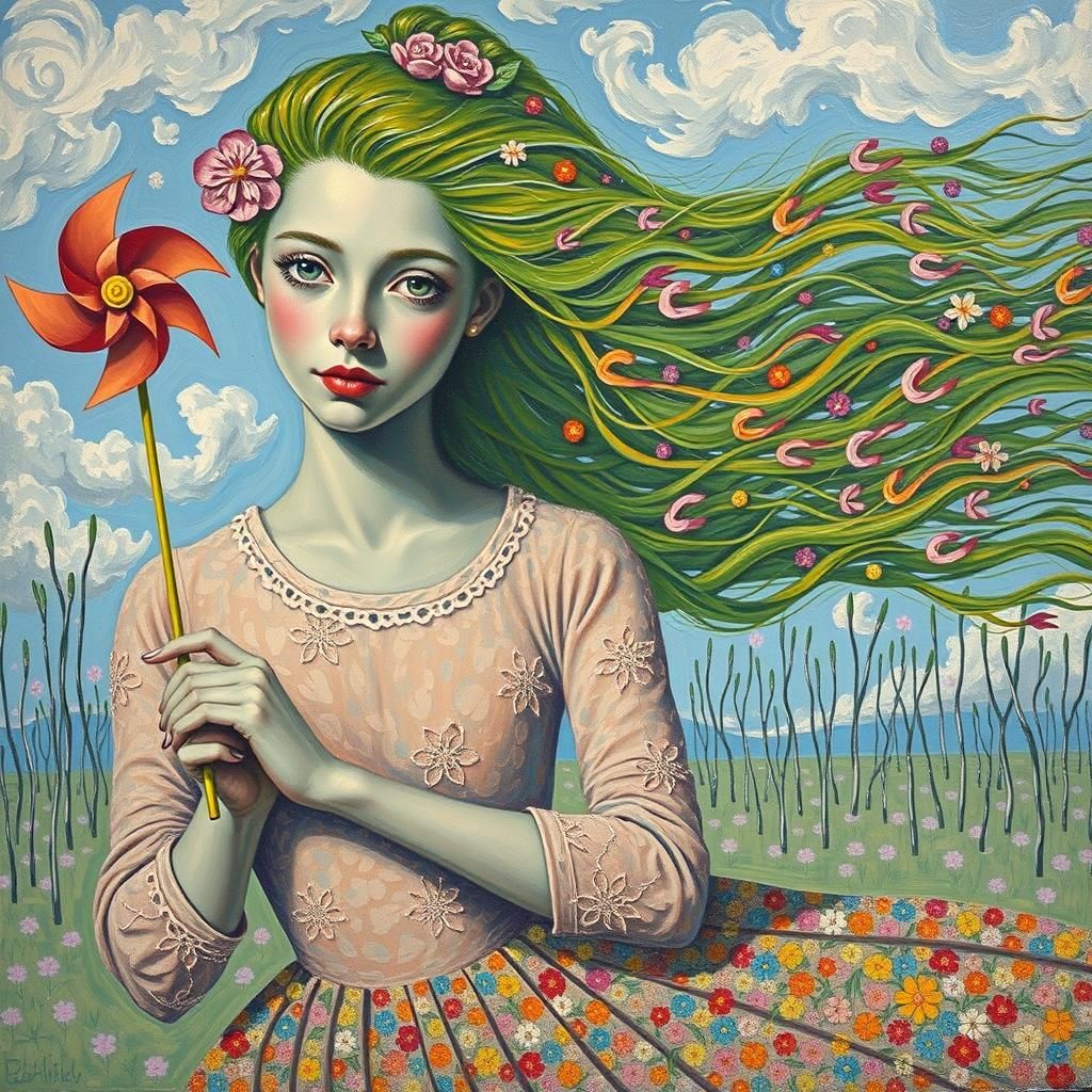 Woman with Green Hair in Expressionist Landscape