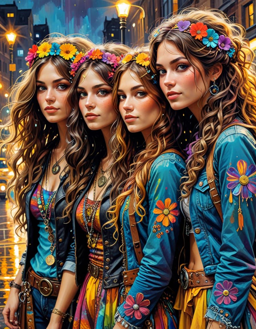 Steampunk Hippie Band in Vivid Cityscape