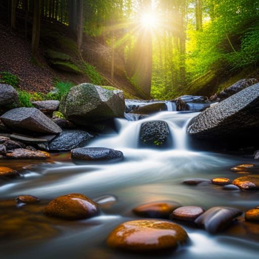 Sunlit River Forest Photography with Bokeh