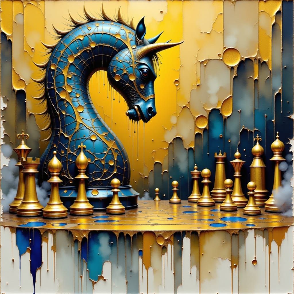 Gold and Silver Chess Game Watercolor Painting