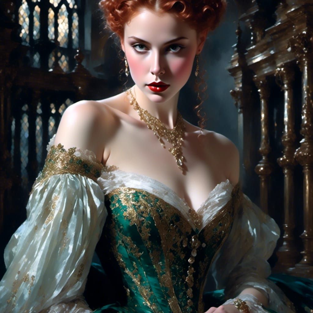 Fantasy Princess in Brocade Gown, Vignette Style