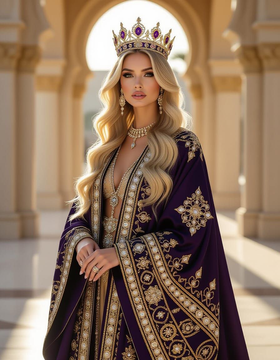 Majestic Blonde Model in Opulent Abaya and Crown