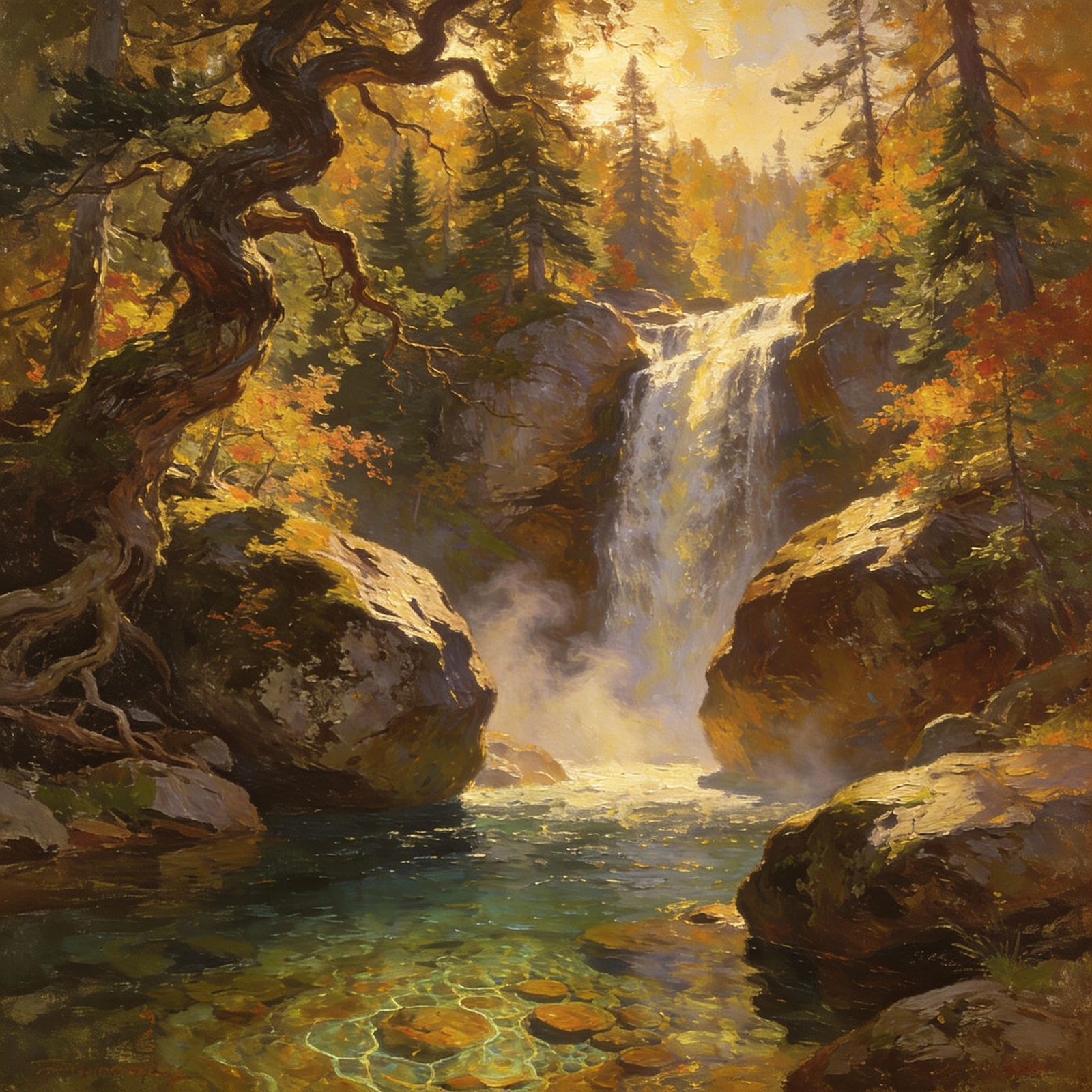 Majestic Waterfall in Textured Autumn Forest Oil Painting