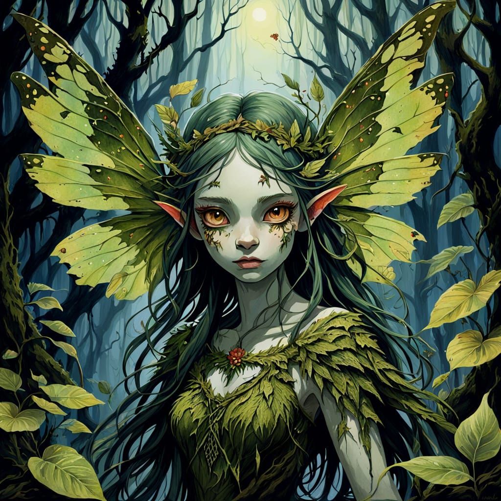 Swamp Fairy Emerges from Murky Depths: Gouache Painting