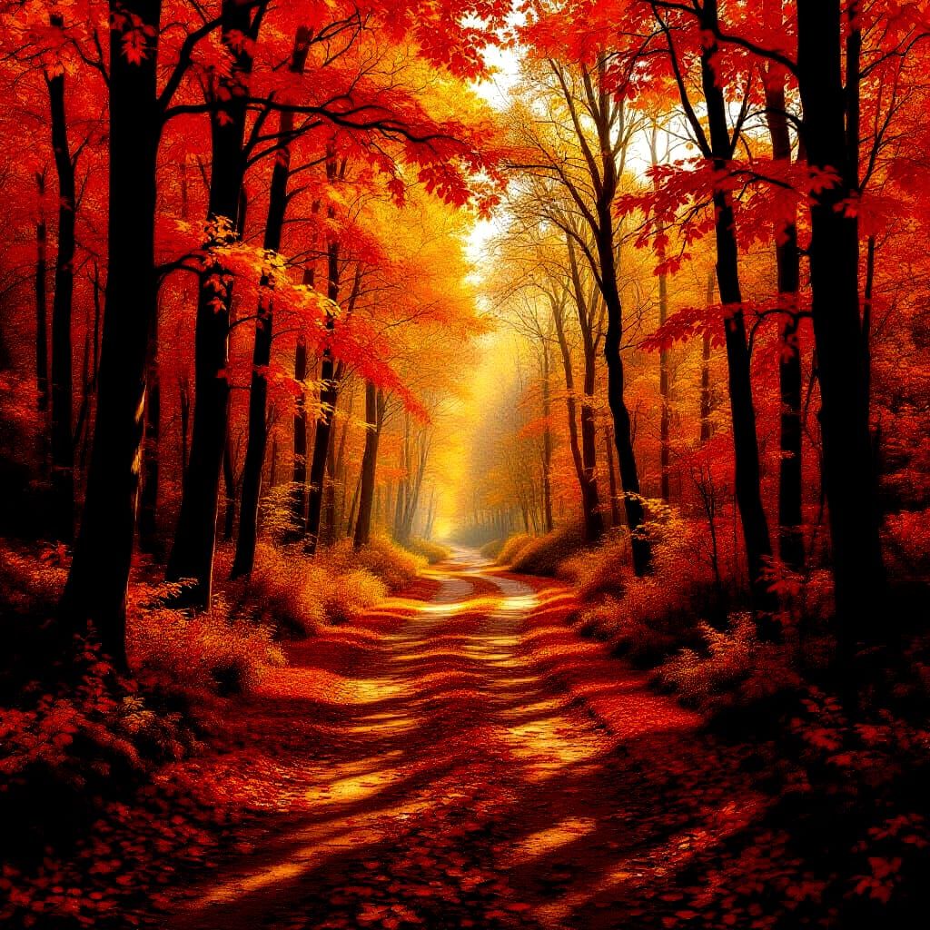Autumn Forest Path with Dappled Sunlight and Vibrant Fall Co...
