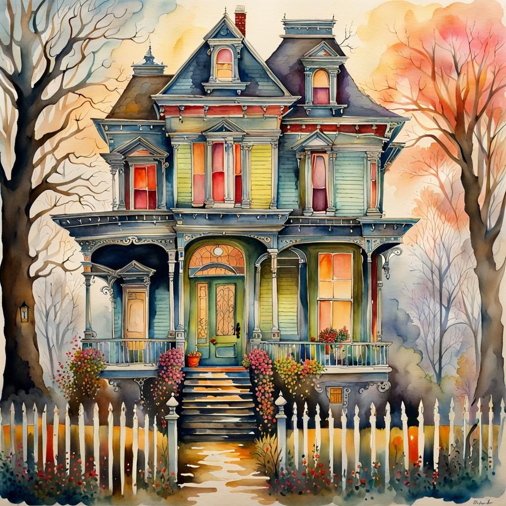 Whimsical Watercolor of a Haunted House in Fog