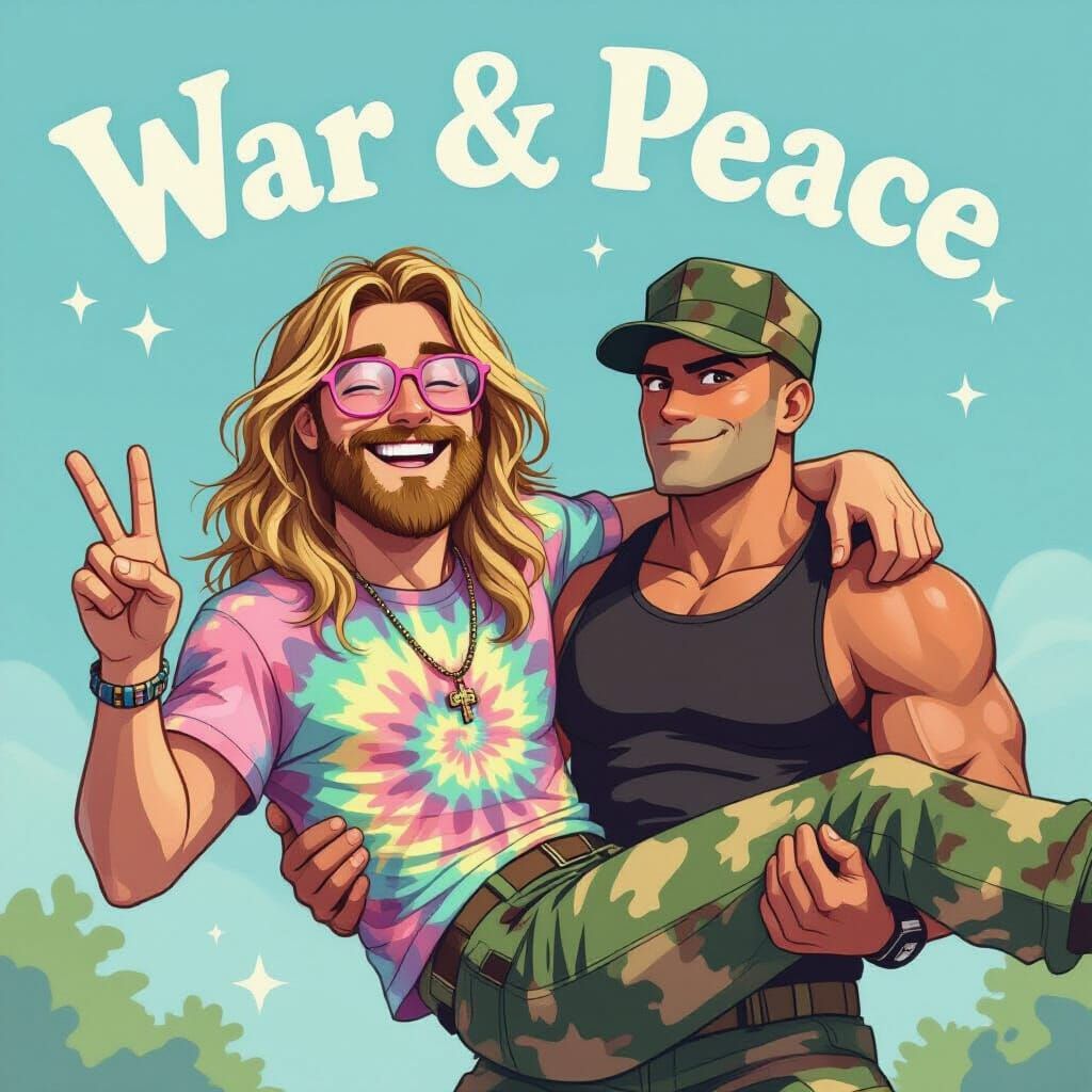 Soldier Carries Hippy in Whimsical Dreamy Style