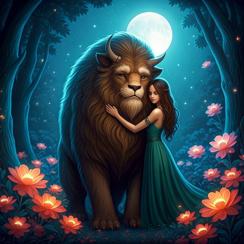 Gentle Beast Embraced by Woman in Enchanted Forest