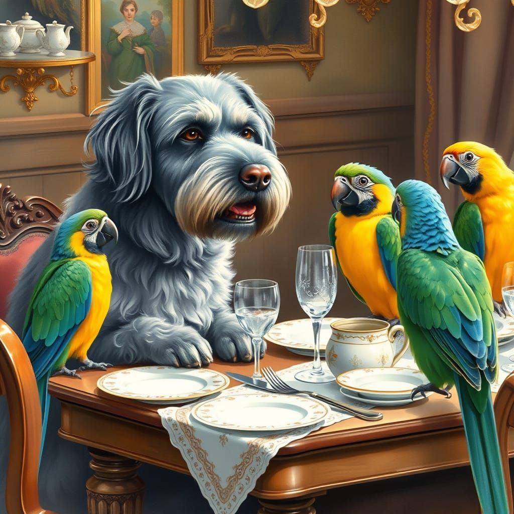 Whimsical Gray Dog Teaches Parrots Fine Dining Etiquette
