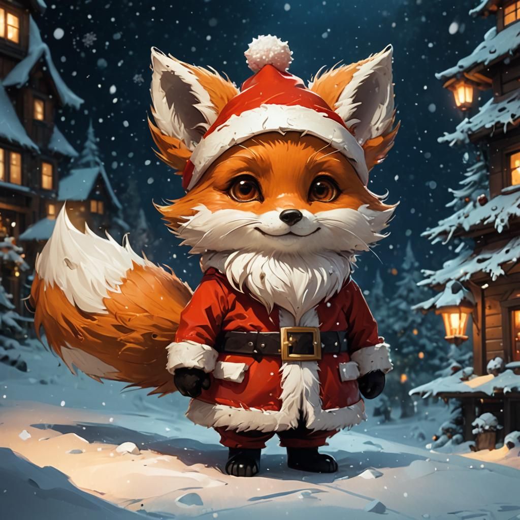 Chibi Christmas Fox Santa Claus in Vibrant Winter Wonderland