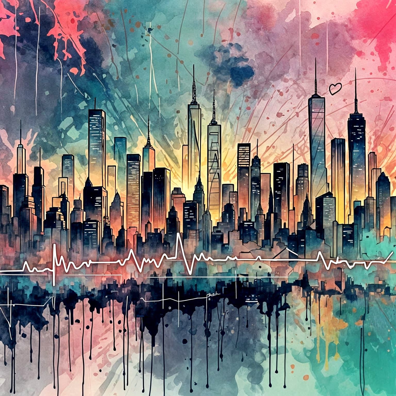 New York Skyline as ECG Line Art in Pastel