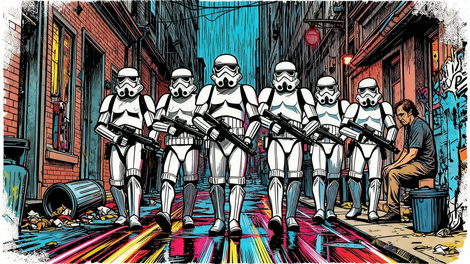 Stormtroopers Patrol Grimy Skid Row in Street Art Style