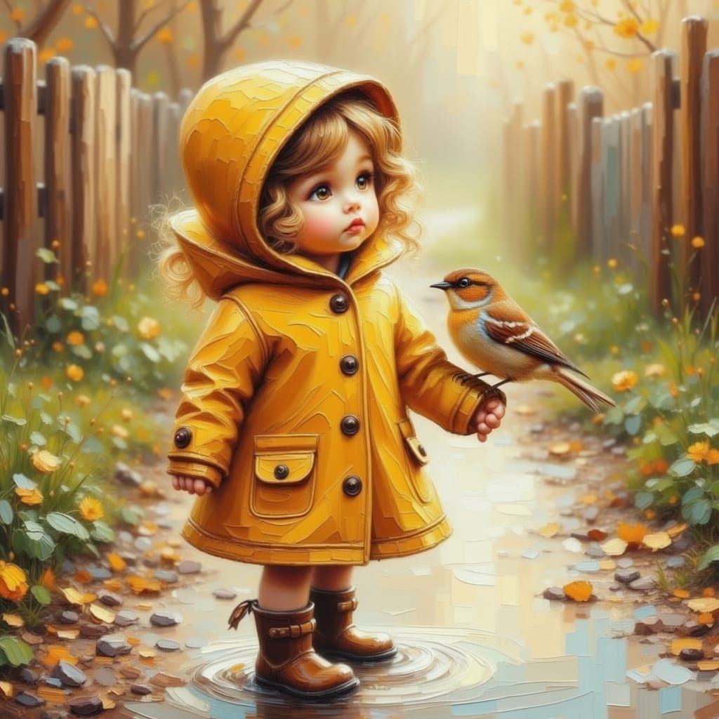 Girl and Sparrow in Raincoat, Impasto Style