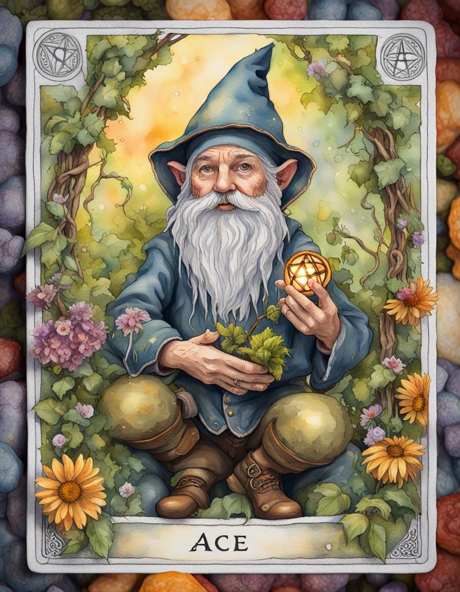 Gnome Ace of Pentacles Tarot Card in Watercolor
