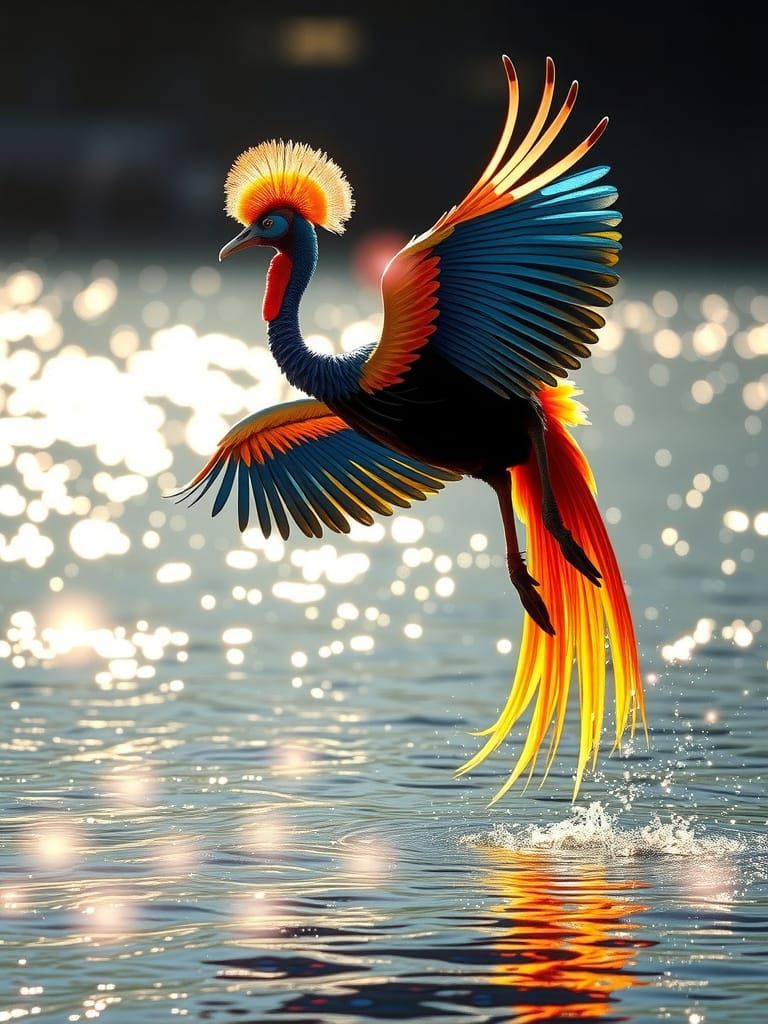 Fantasy Cassowary Soars Over Magical Water