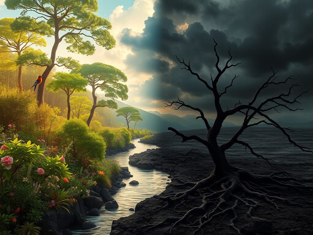 Surreal Vision of Duality: Life Thrives Amidst Scorched Wast...