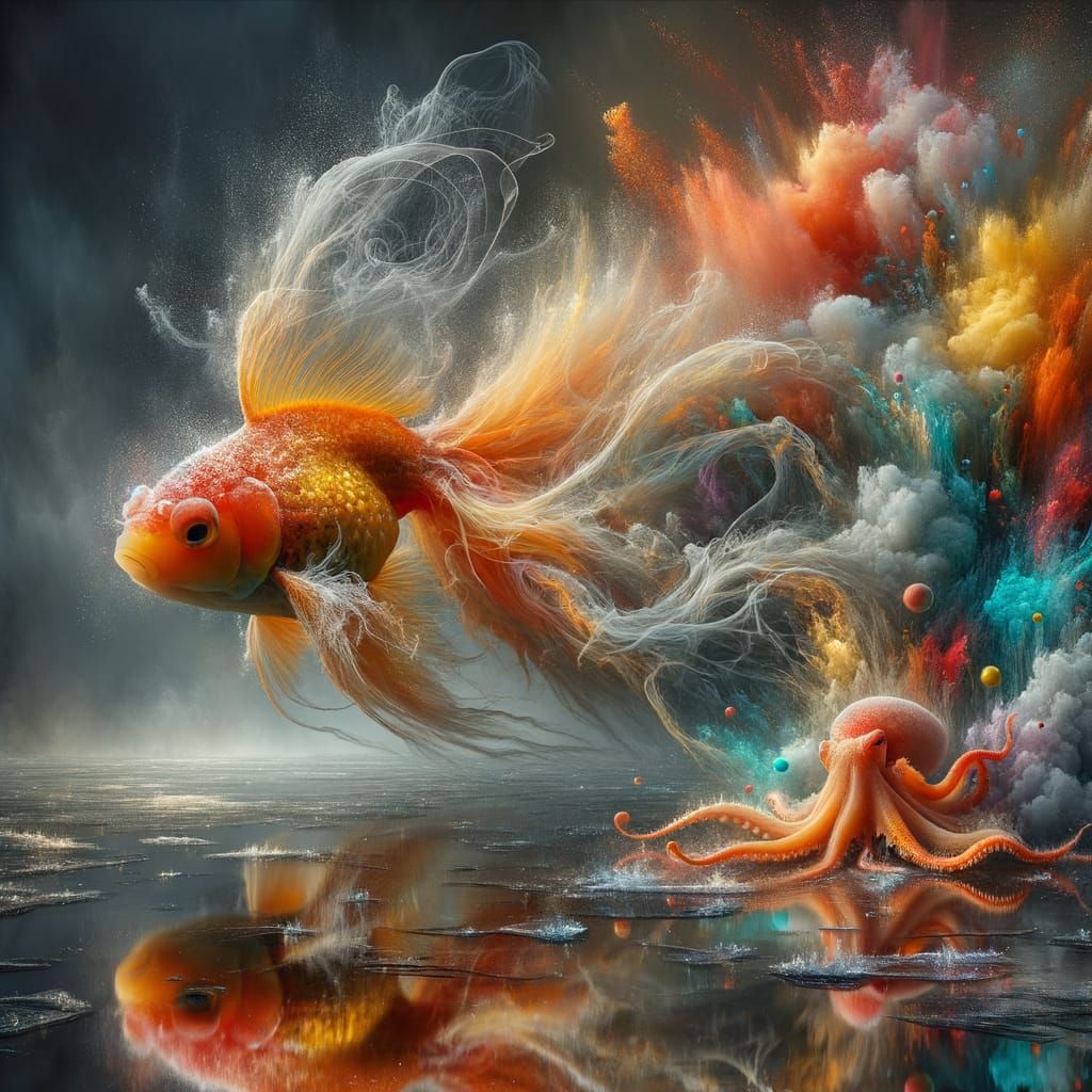 Ethereal Goldfish Dissolving into Dreamlike Landscape