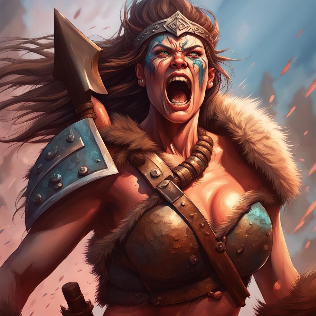 Female Barbarian Charging into Battle with Axe