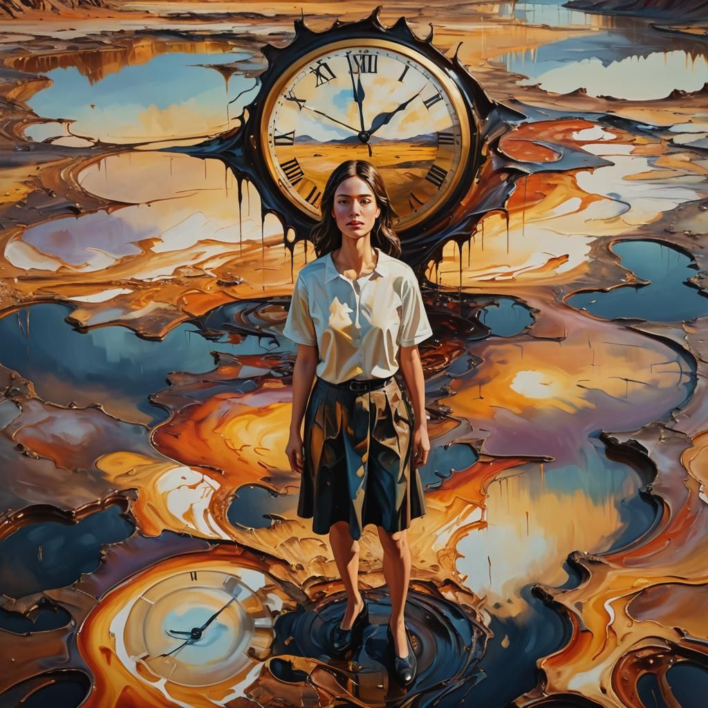 Surreal Woman in Melting Dreamscape, Oil on Canvas