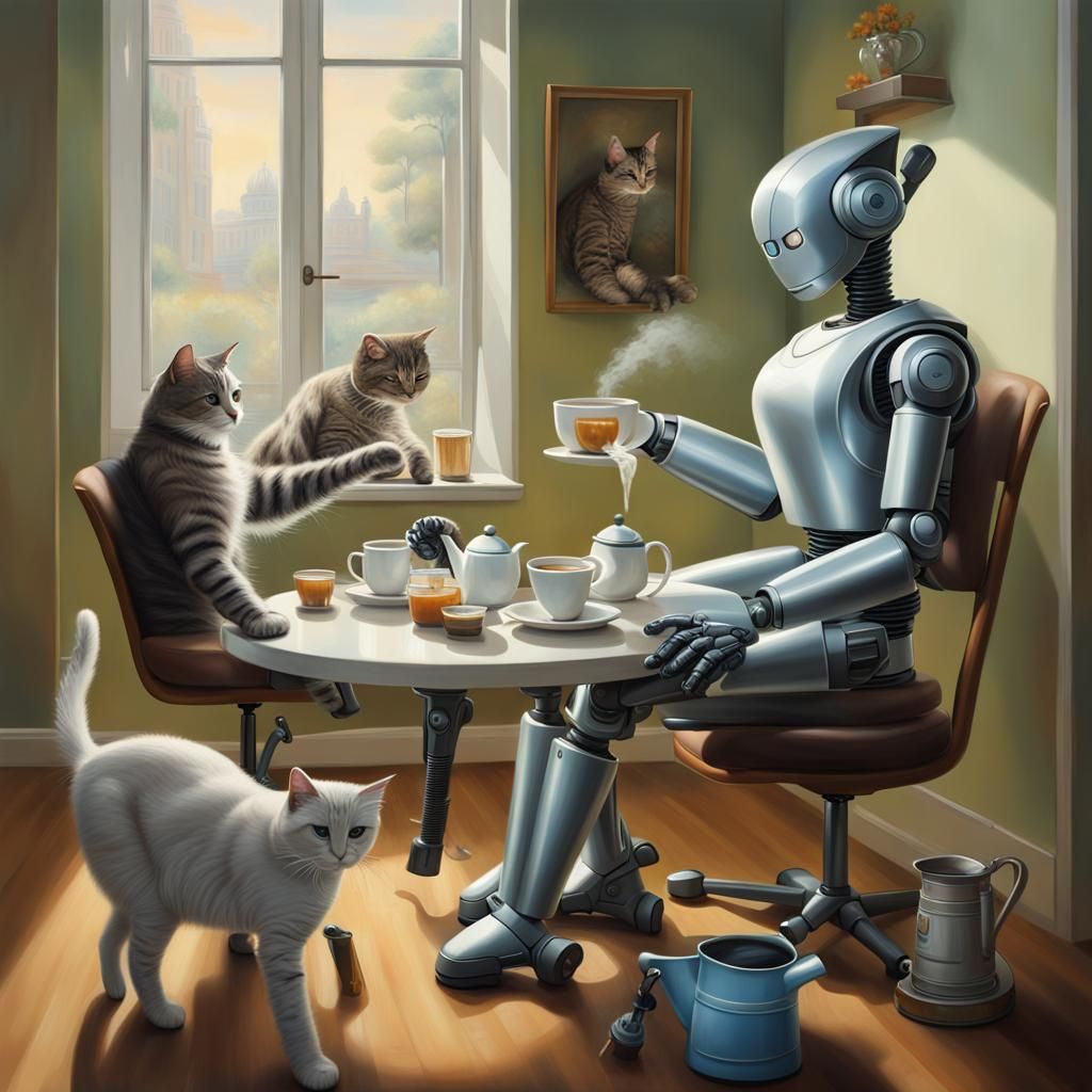 Futuristic Robot Hands Doing Chores: Hyperrealistic Oil Pain...