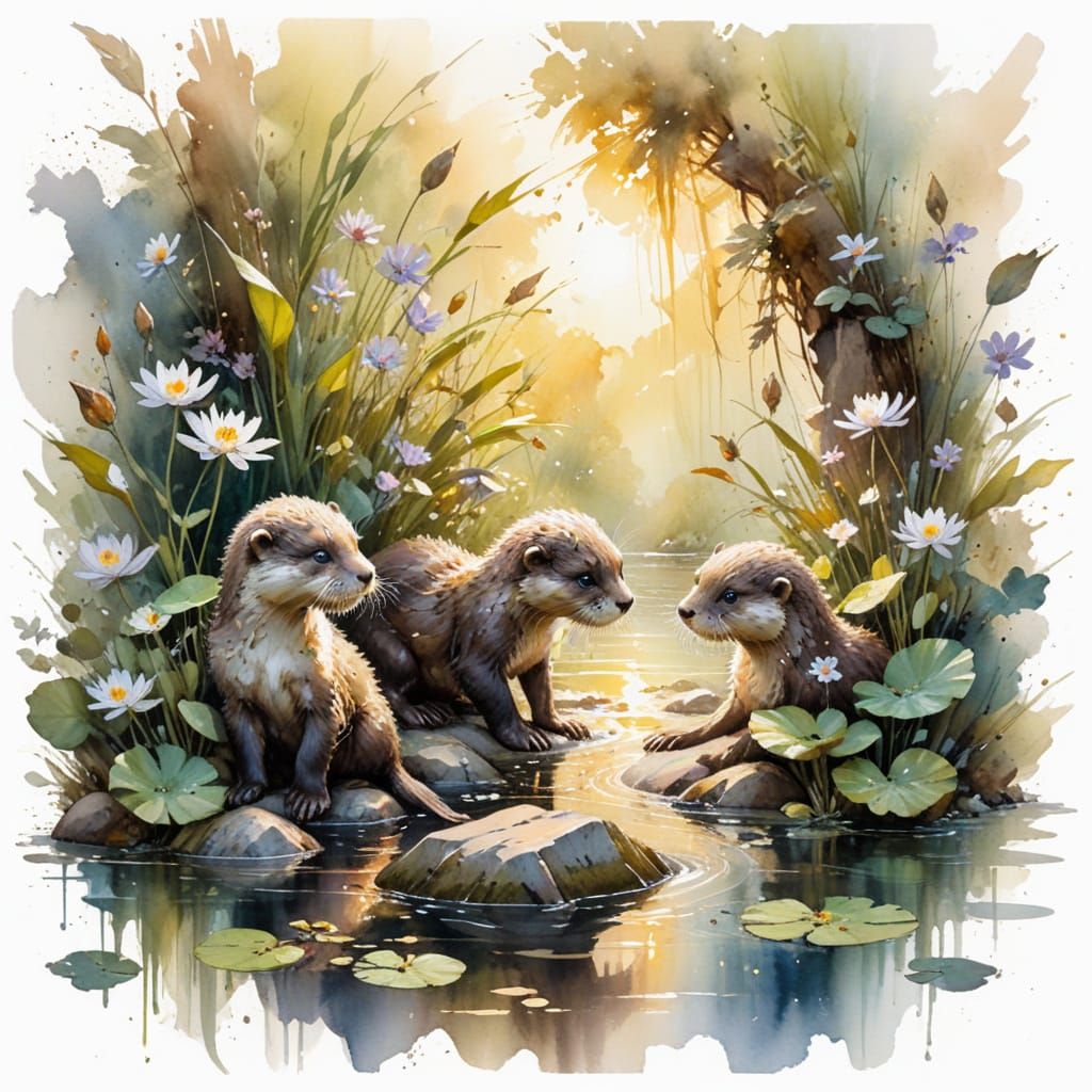 Otter Pups Play in Summer Cove: Stylized Watercolour