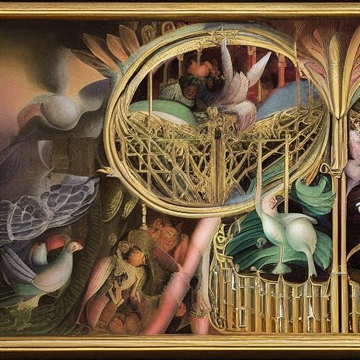 Surreal Birdcage Intruder: Ornate Cage with Blue Birds