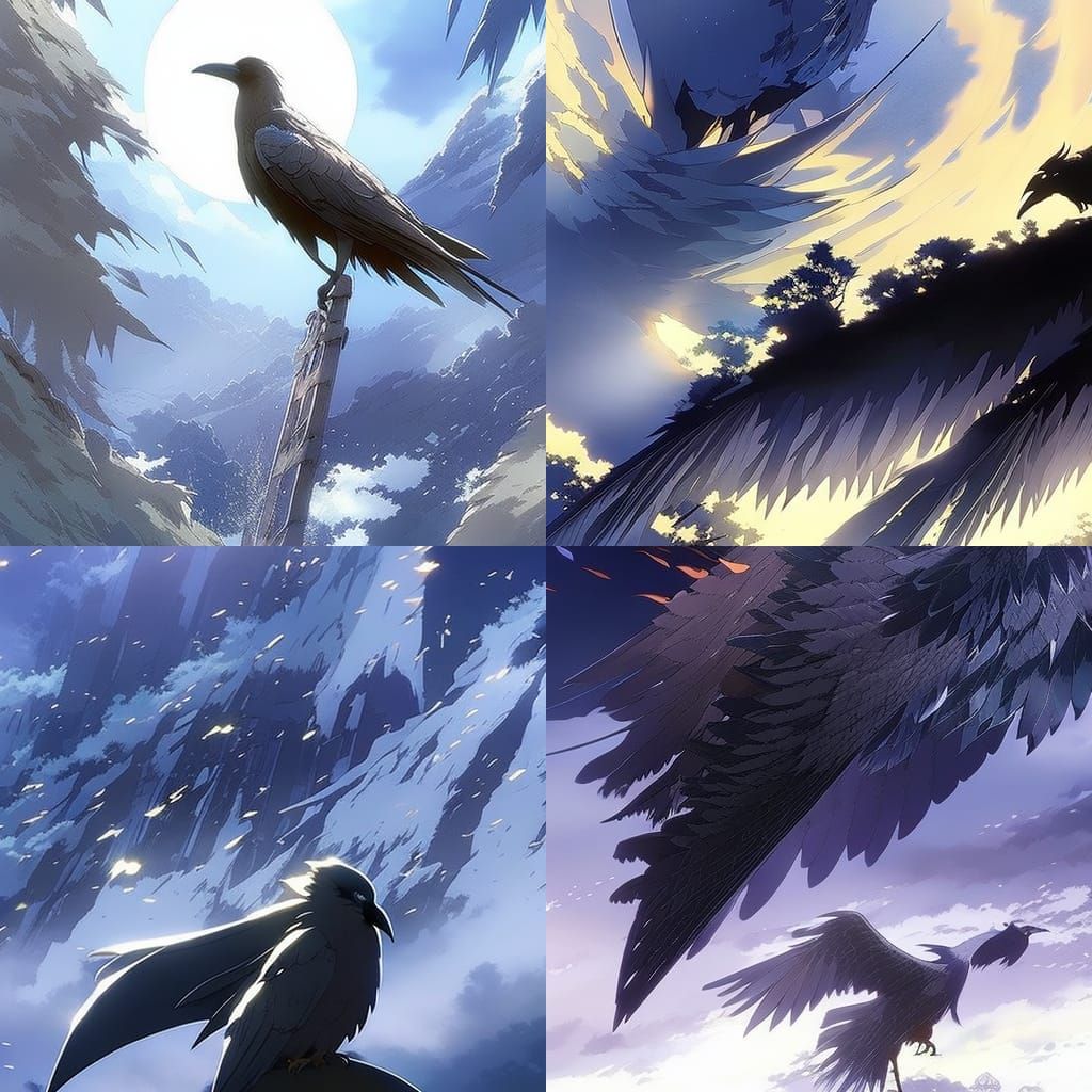 Ink Splash Raven in Anime Key Visual Style