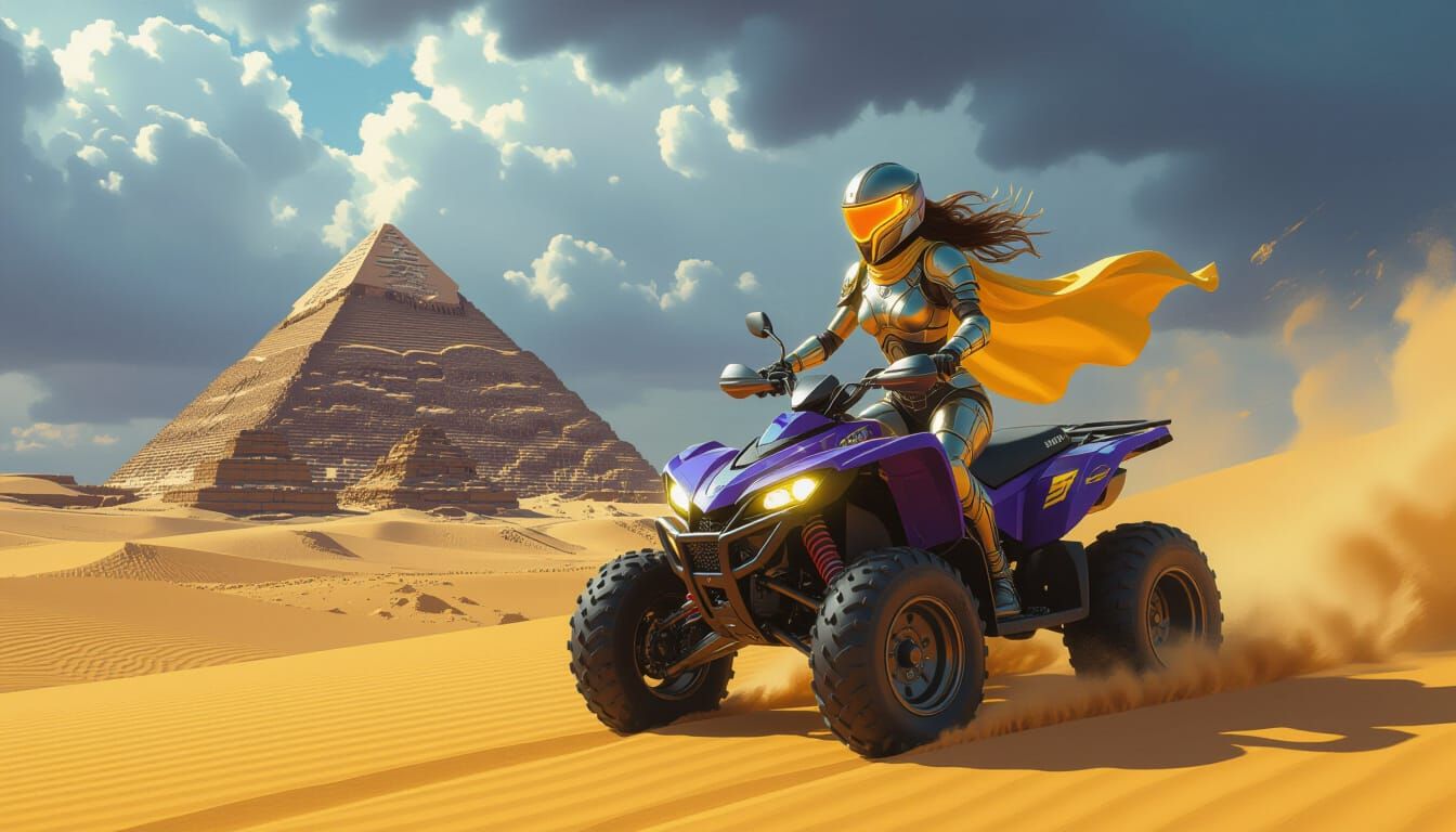 Warrior Woman Rides Quad Across Sahara in Art Nouveau Style