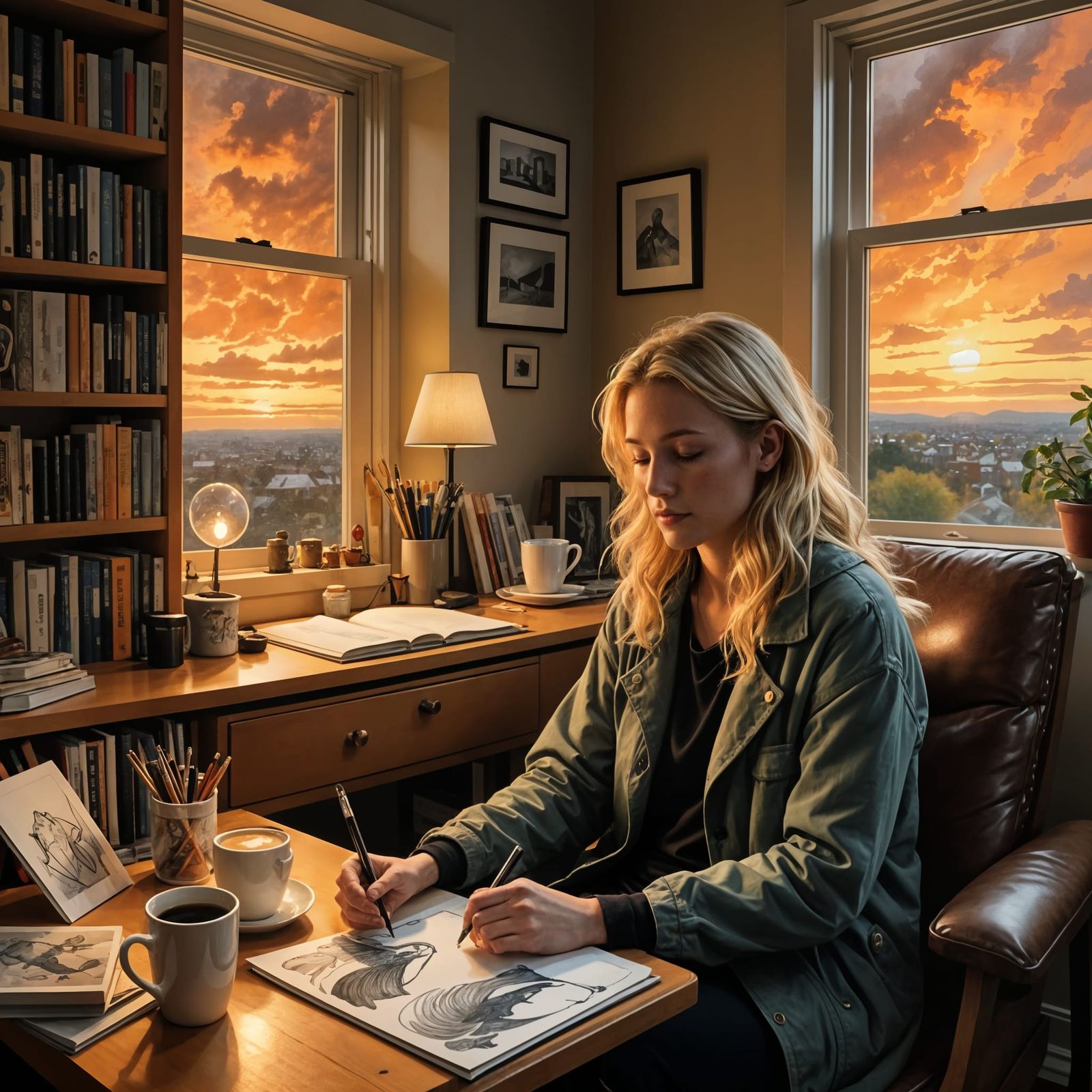 Artist's Cozy Nook with Magical Sunset Windows