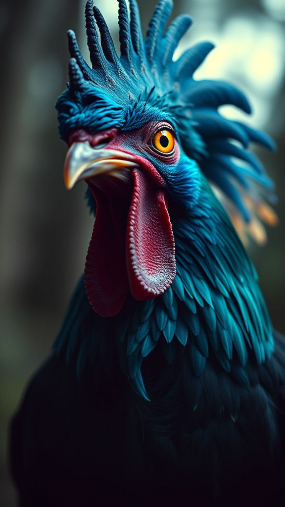 Blue Bodybuilder Rooster with Glowing Feather and Mollusk