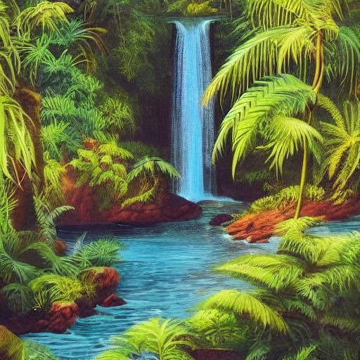 Lush Tropical Waterfall Scene as Oil Painting