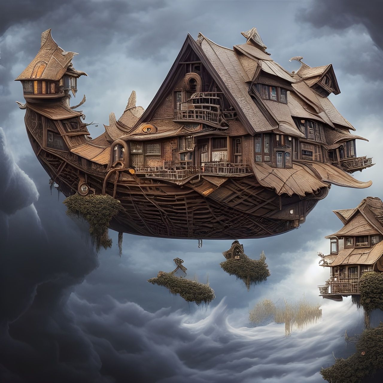 Surreal Floating Metal House in Dark Fantasy Style