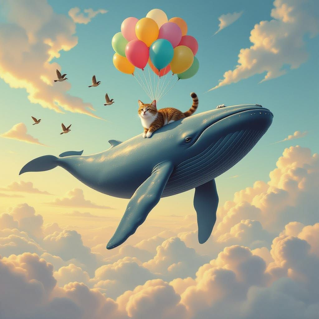 Whale Soaring with Cat in Surreal Digital Painting