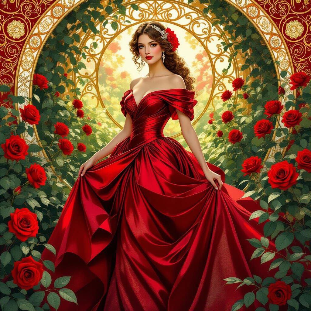 Rose Gown Lady in Art Nouveau Garden
