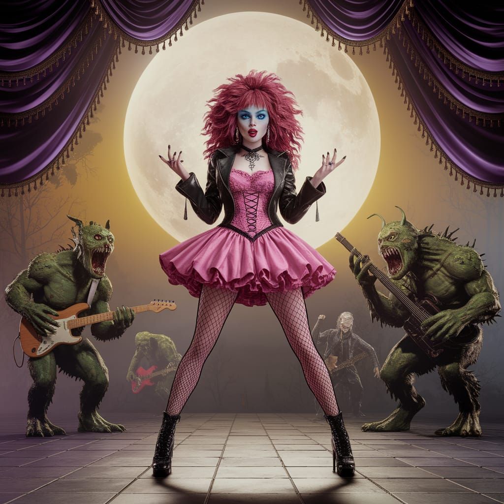 Gothic Rockstar Sings on Stage with Monster Band