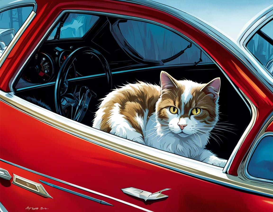 Stray Cat in Car, Comic Book Art Style
