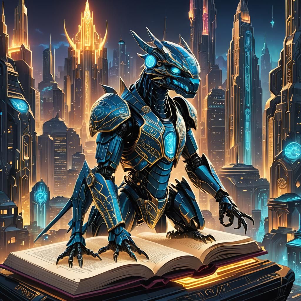 Art Deco Bionicle Cityscape with Draconic Book