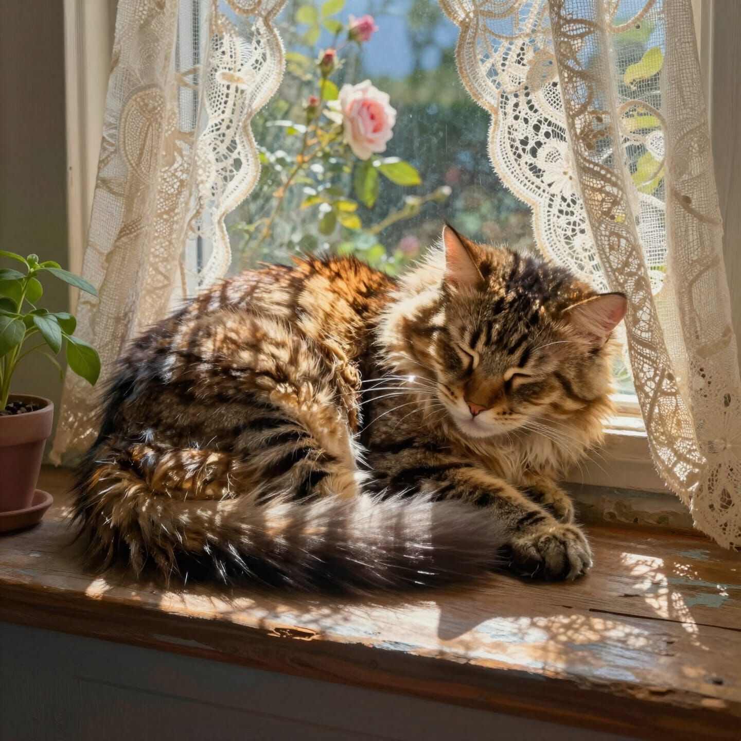 Tabby Cat Asleep in Dappled Sunlight on Windowsill