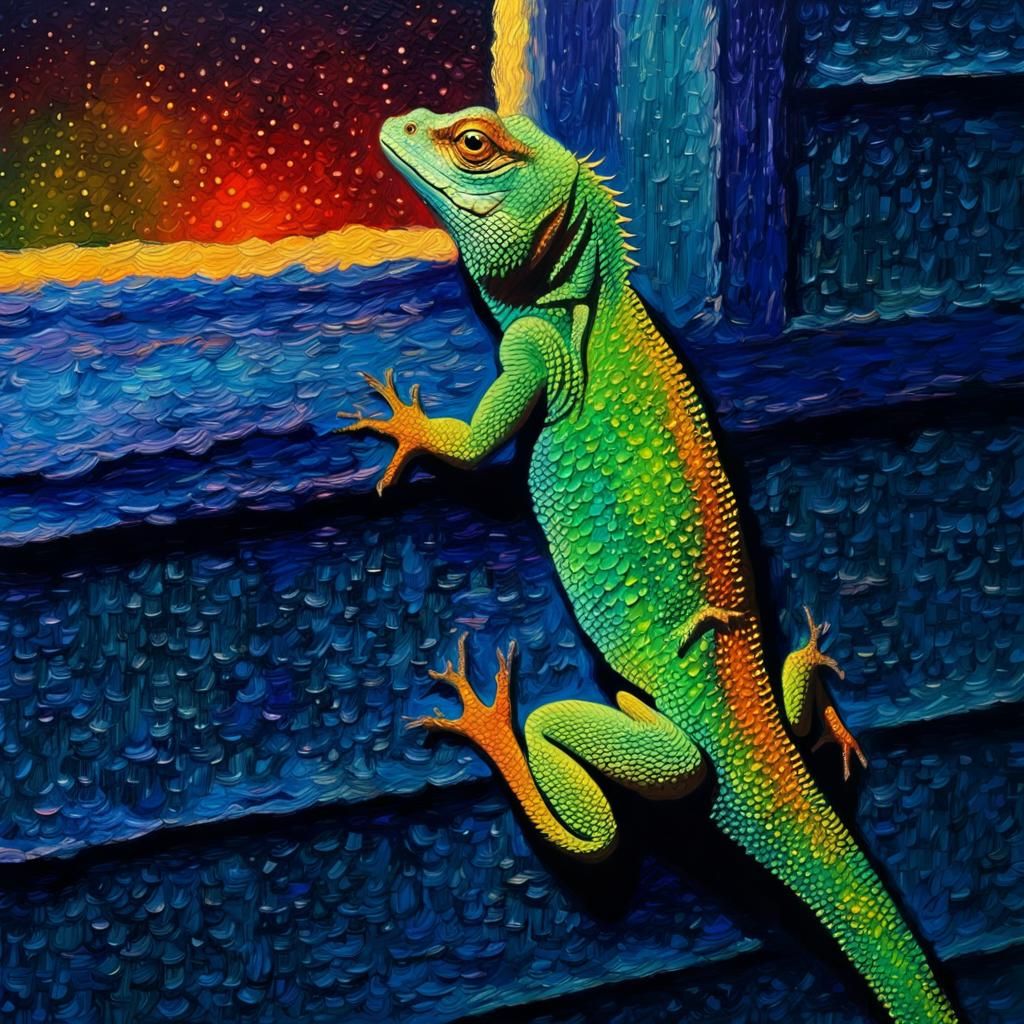 Lizard on Window Screen in Impasto Oil Style