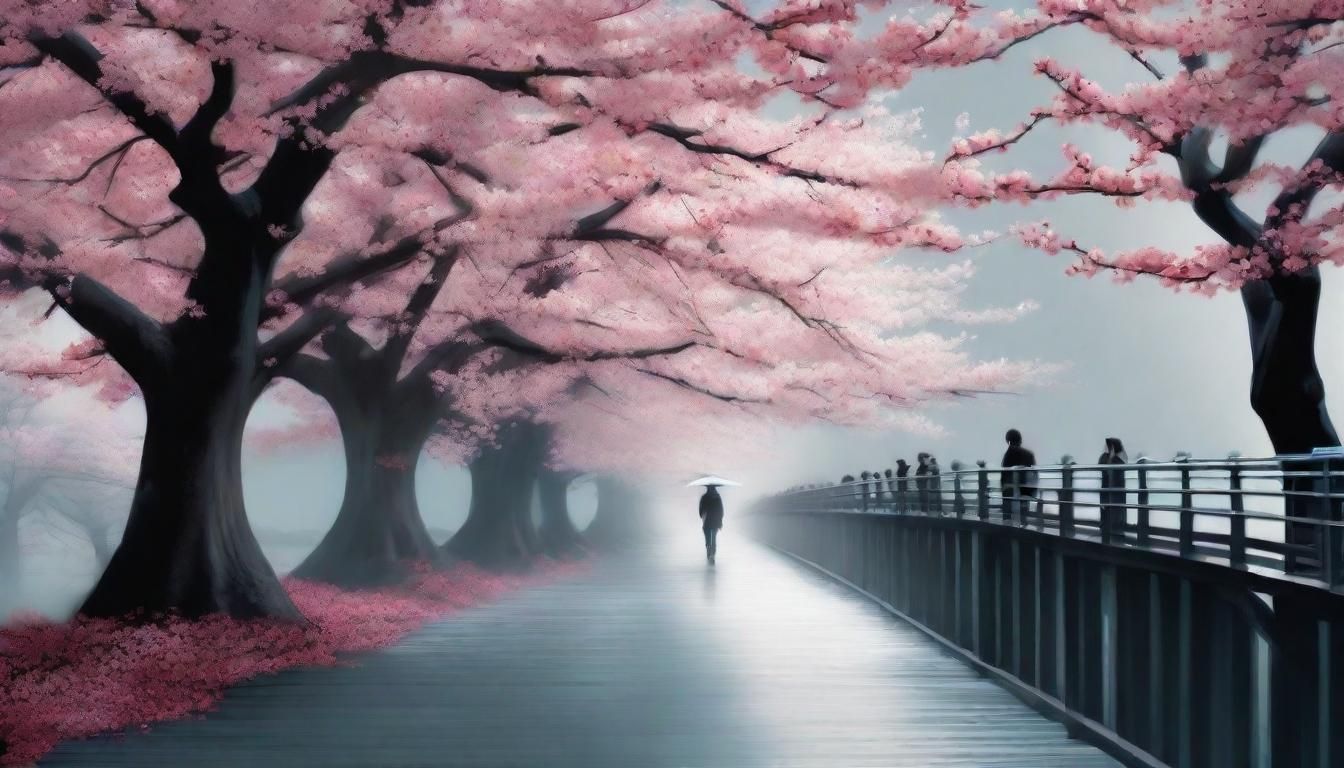 Cherry Blossom Bridge in Atmospheric Painting Style