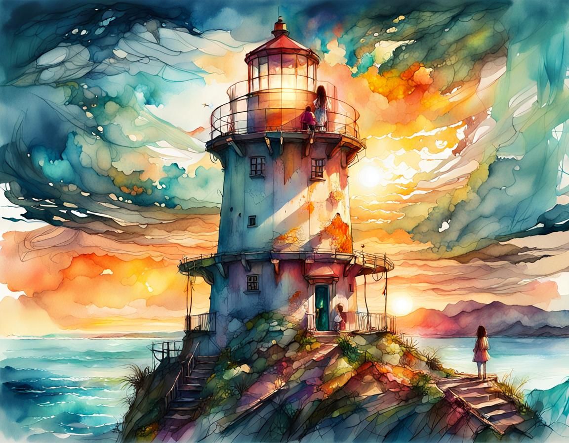 Sisters on Lighthouse: Digital Watercolor Seascape