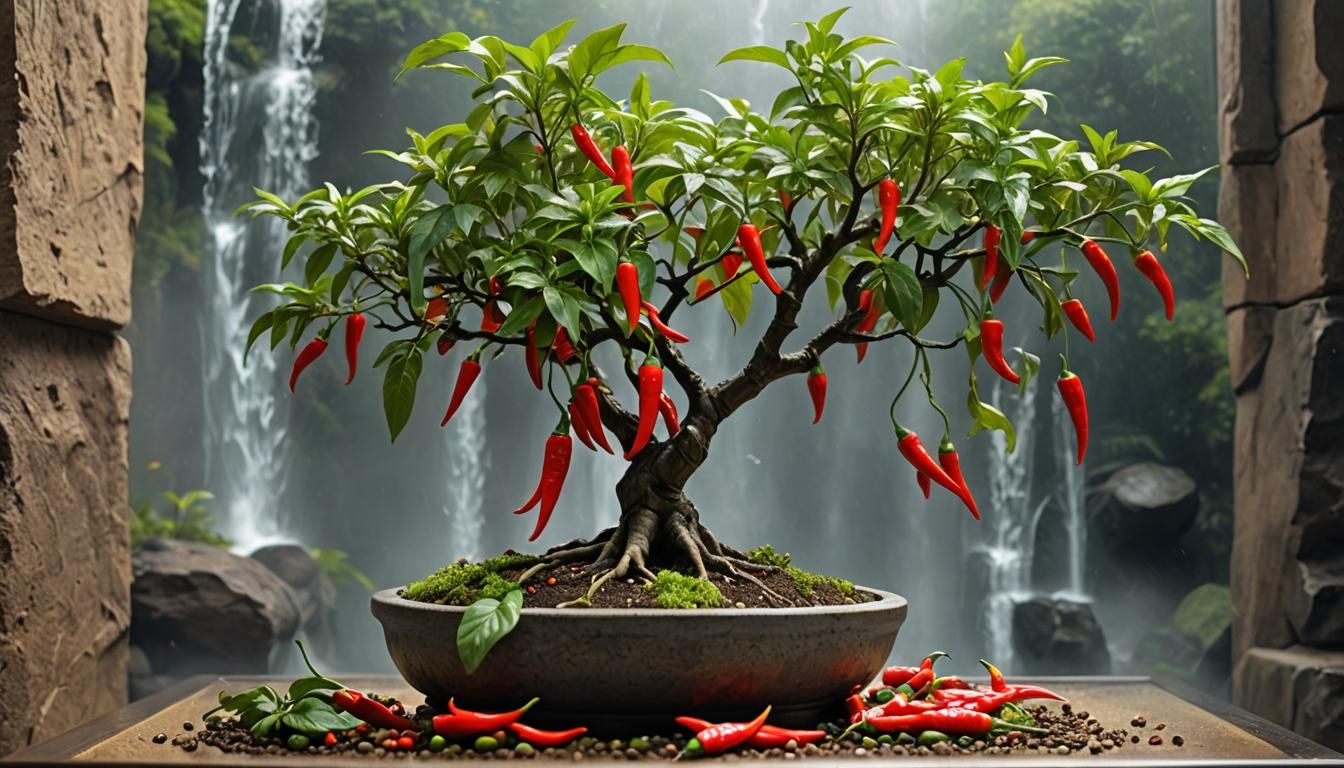 chili peppers bonsai in a terrarium with waterfall background