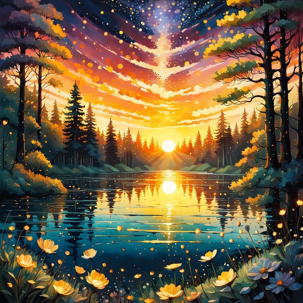 Sunset Lake with Petals in Alcohol Ink Style