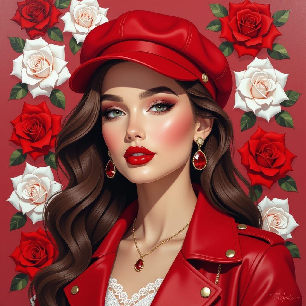 Young Woman in Red Jacket with Ruby Earring - Neo-Expression...