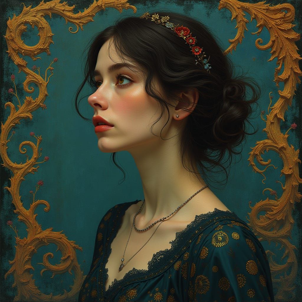 Ethereal Art Nouveau Portrait of a Contemplative Woman in Mo...